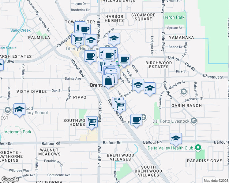 map of restaurants, bars, coffee shops, grocery stores, and more near 561 1st Street in Brentwood