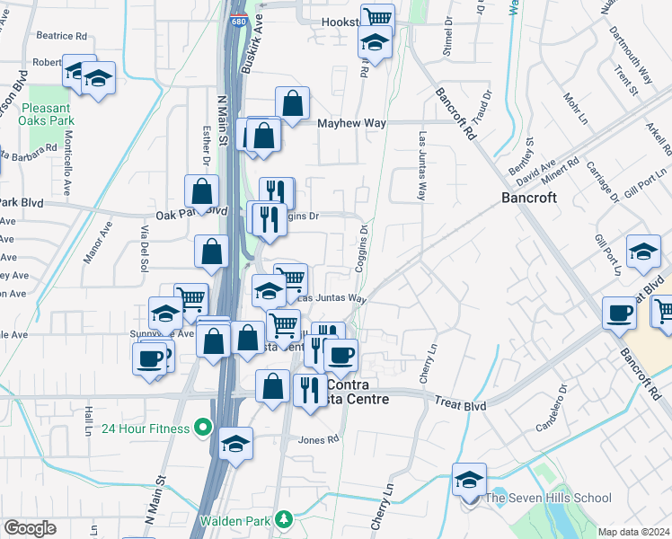 map of restaurants, bars, coffee shops, grocery stores, and more near 45 Iron Horse Lane in Walnut Creek