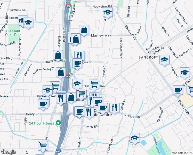 map of restaurants, bars, coffee shops, grocery stores, and more near 45 Iron Horse Lane in Walnut Creek