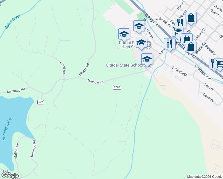 map of restaurants, bars, coffee shops, grocery stores, and more near 10098 Desloge Park Drive in Potosi
