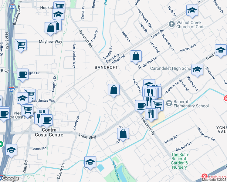 map of restaurants, bars, coffee shops, grocery stores, and more near 1764 Countrywood Court in Walnut Creek