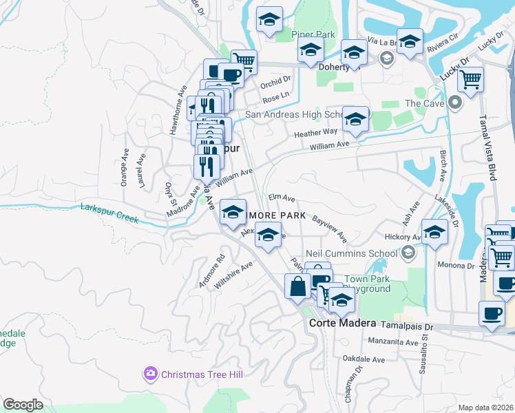 map of restaurants, bars, coffee shops, grocery stores, and more near 201 Holcomb Avenue in Larkspur