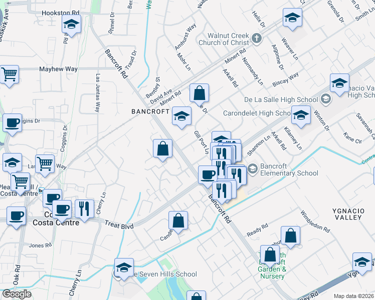 map of restaurants, bars, coffee shops, grocery stores, and more near 2020 Gill Port Lane in Walnut Creek