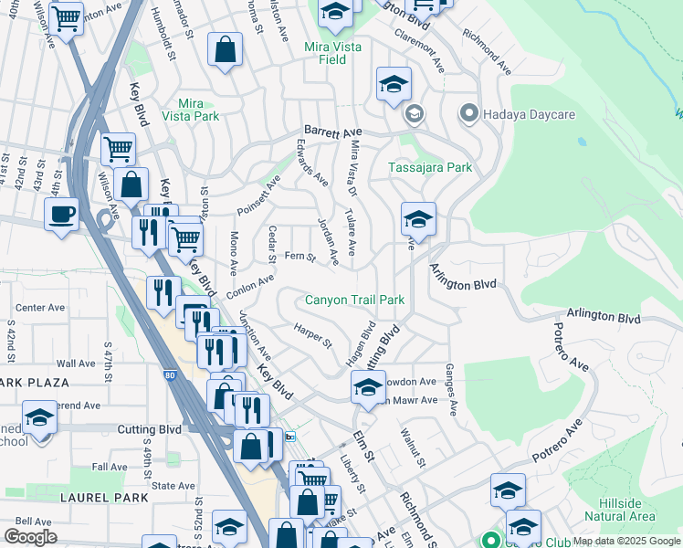 map of restaurants, bars, coffee shops, grocery stores, and more near 5954 Fern Street in El Cerrito