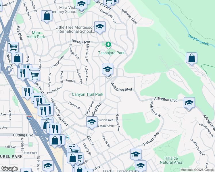 map of restaurants, bars, coffee shops, grocery stores, and more near 7046 Cutting Boulevard in El Cerrito