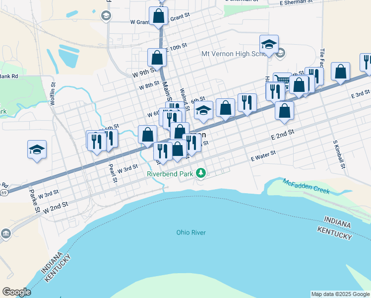 map of restaurants, bars, coffee shops, grocery stores, and more near South Main Street in Mount Vernon