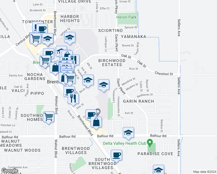 map of restaurants, bars, coffee shops, grocery stores, and more near 534 Almanor Street in Brentwood