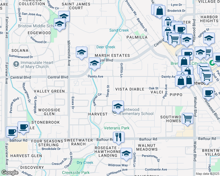 map of restaurants, bars, coffee shops, grocery stores, and more near 718 Sarah Street in Brentwood