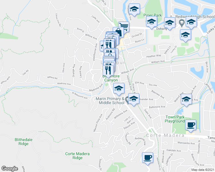 map of restaurants, bars, coffee shops, grocery stores, and more near 207 Magnolia Avenue in Larkspur