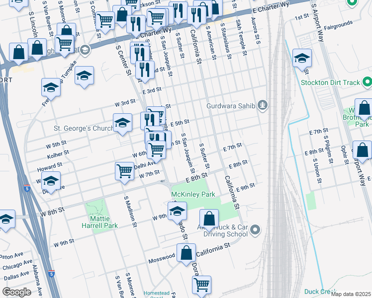 map of restaurants, bars, coffee shops, grocery stores, and more near 1950 South San Joaquin Street in Stockton