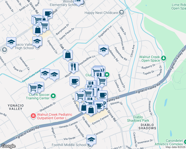 map of restaurants, bars, coffee shops, grocery stores, and more near 527 Heather Grove Court in Walnut Creek
