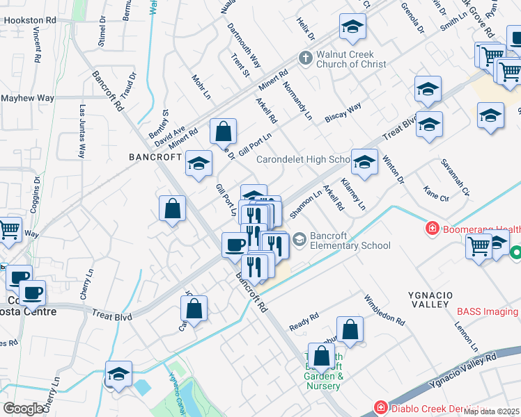 map of restaurants, bars, coffee shops, grocery stores, and more near 1561 Carriage Drive in Walnut Creek