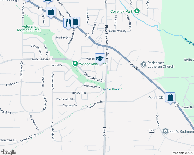 map of restaurants, bars, coffee shops, grocery stores, and more near 796 Avon Court in Rolla