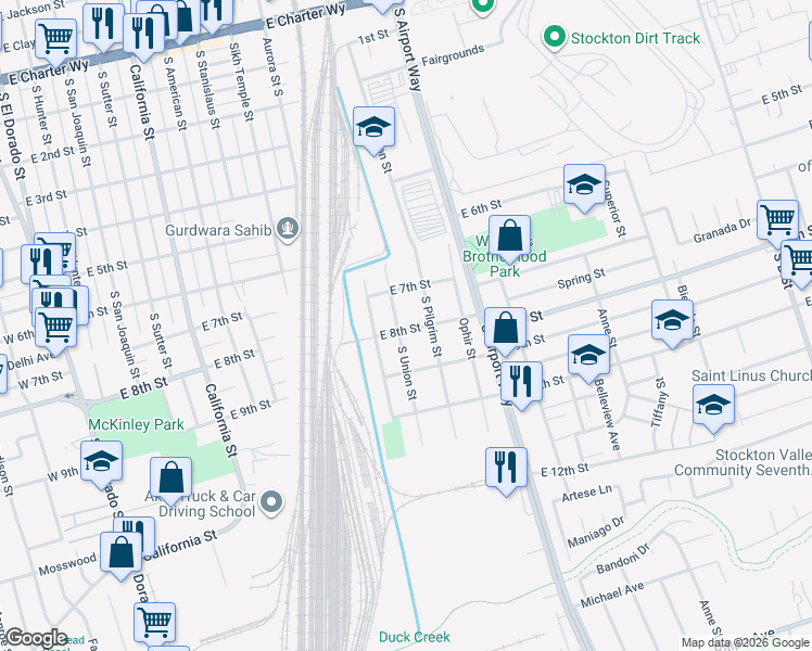 map of restaurants, bars, coffee shops, grocery stores, and more near 1105 East 8th Street in Stockton