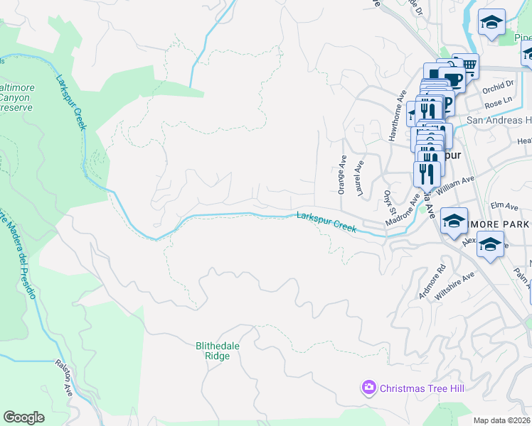 map of restaurants, bars, coffee shops, grocery stores, and more near 264 Madrone Avenue in Larkspur