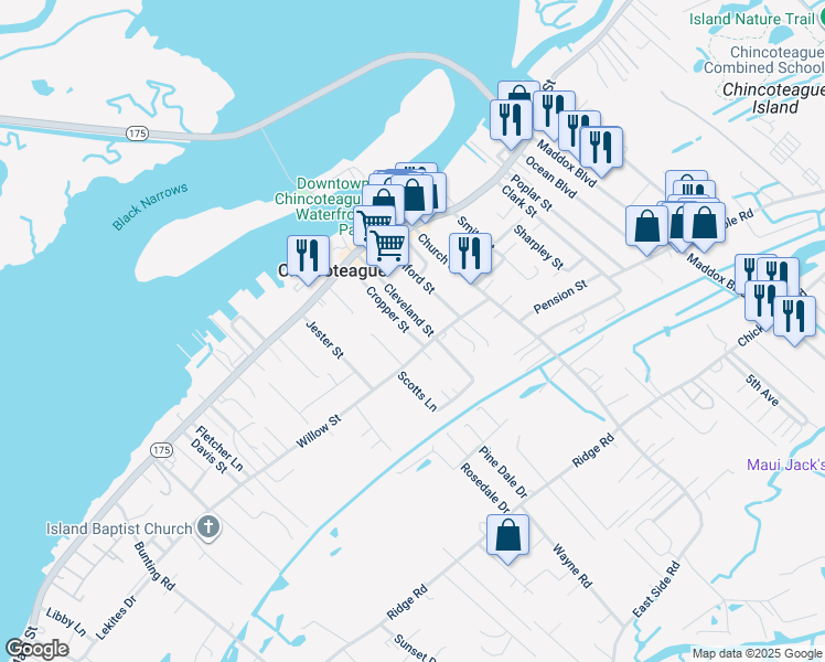 map of restaurants, bars, coffee shops, grocery stores, and more near 6365 Cropper Street in Chincoteague