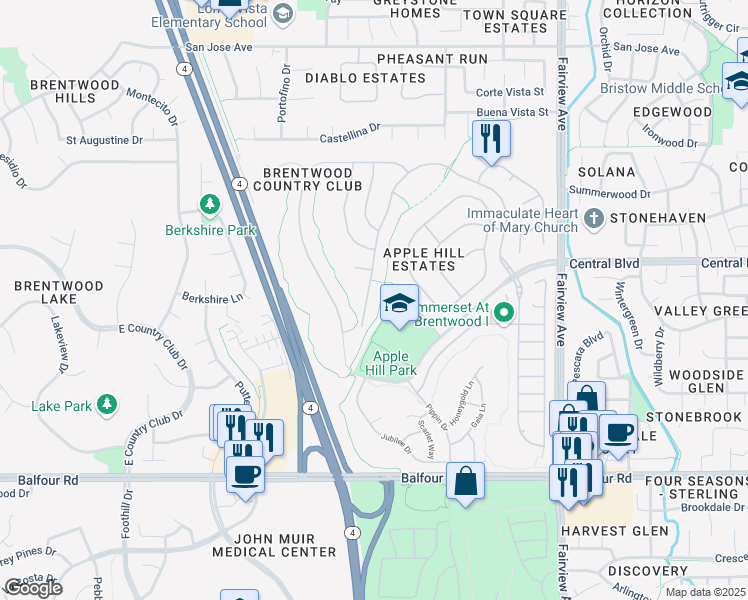 map of restaurants, bars, coffee shops, grocery stores, and more near 432 Apple Hill Drive in Brentwood