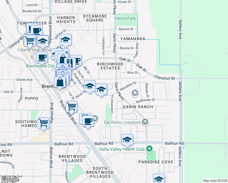 map of restaurants, bars, coffee shops, grocery stores, and more near 474 Silverwood Street in Brentwood