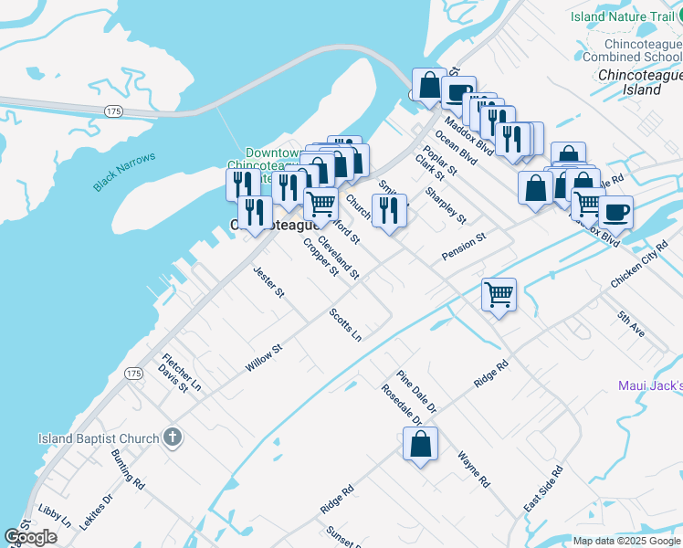map of restaurants, bars, coffee shops, grocery stores, and more near 6365 Cropper Street in Chincoteague