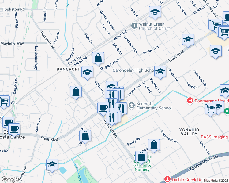 map of restaurants, bars, coffee shops, grocery stores, and more near 1561 Carriage Drive in Walnut Creek