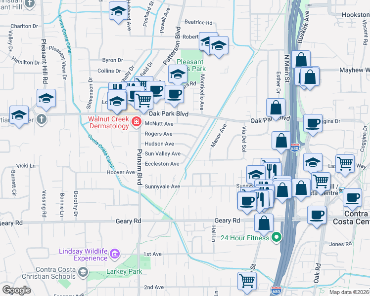map of restaurants, bars, coffee shops, grocery stores, and more near 3141 Hudson Avenue in Walnut Creek