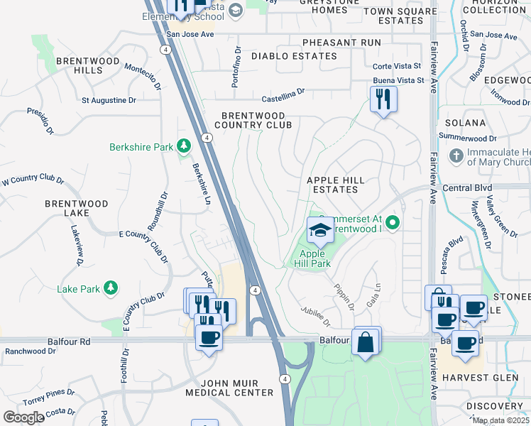map of restaurants, bars, coffee shops, grocery stores, and more near 491 Central Park Place in Brentwood