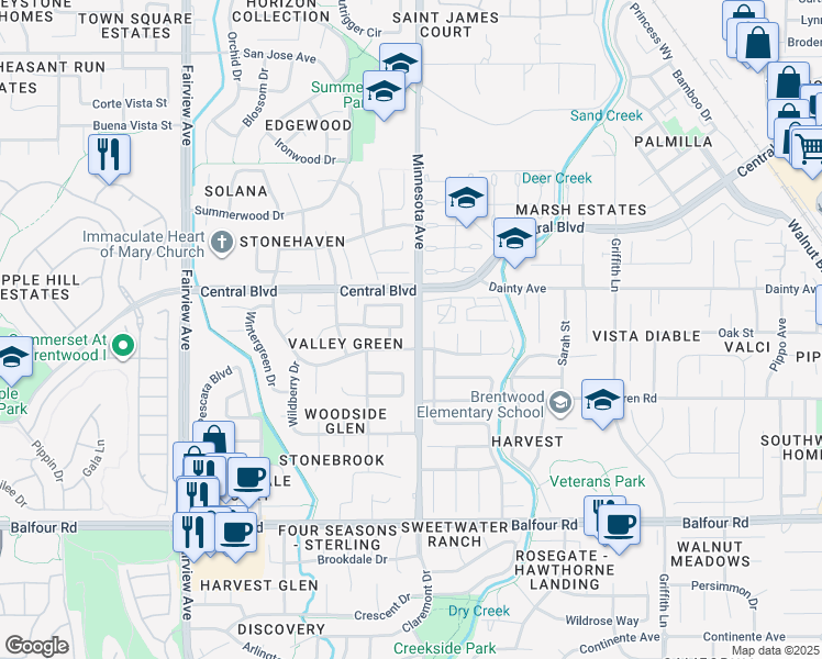 map of restaurants, bars, coffee shops, grocery stores, and more near 1011 Amanda Circle in Brentwood