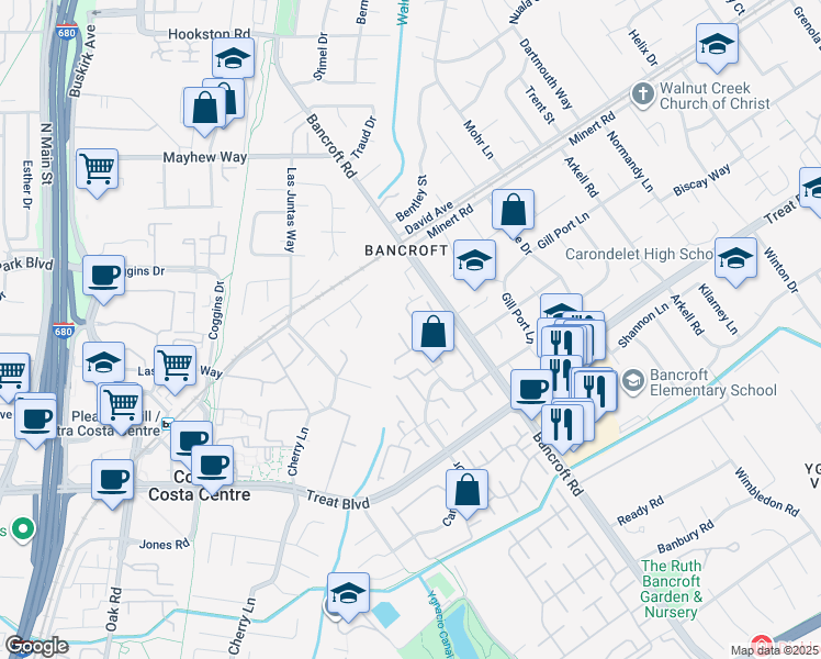 map of restaurants, bars, coffee shops, grocery stores, and more near 1973 Countrywood Court in Walnut Creek
