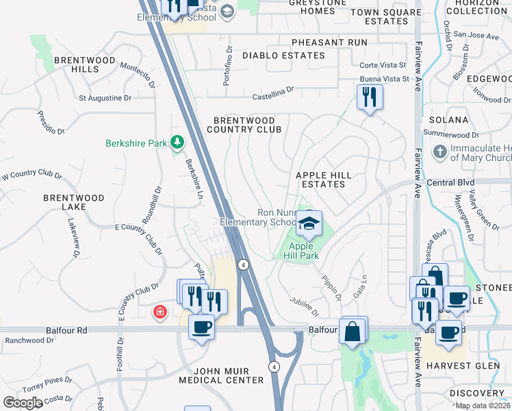 map of restaurants, bars, coffee shops, grocery stores, and more near 491 Central Park Place in Brentwood