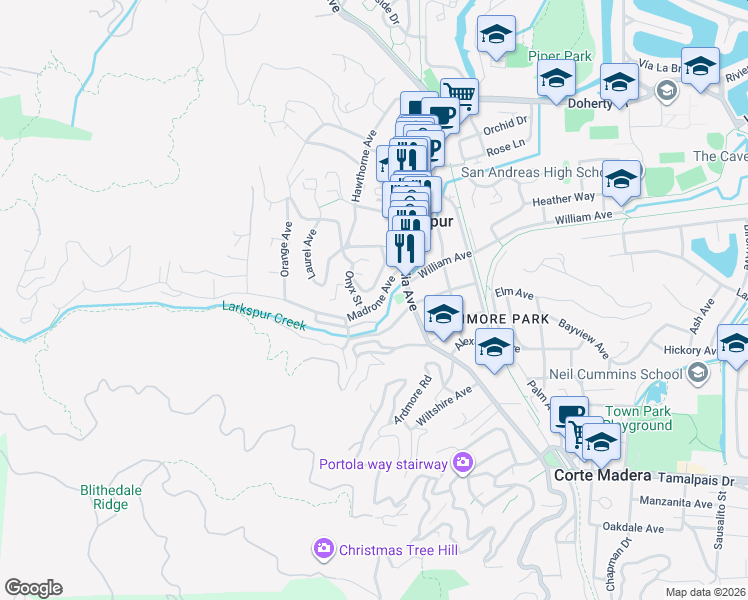 map of restaurants, bars, coffee shops, grocery stores, and more near 50 Madrone Avenue in Larkspur