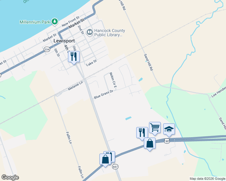 map of restaurants, bars, coffee shops, grocery stores, and more near 300-398 Robin Cir E in Lewisport
