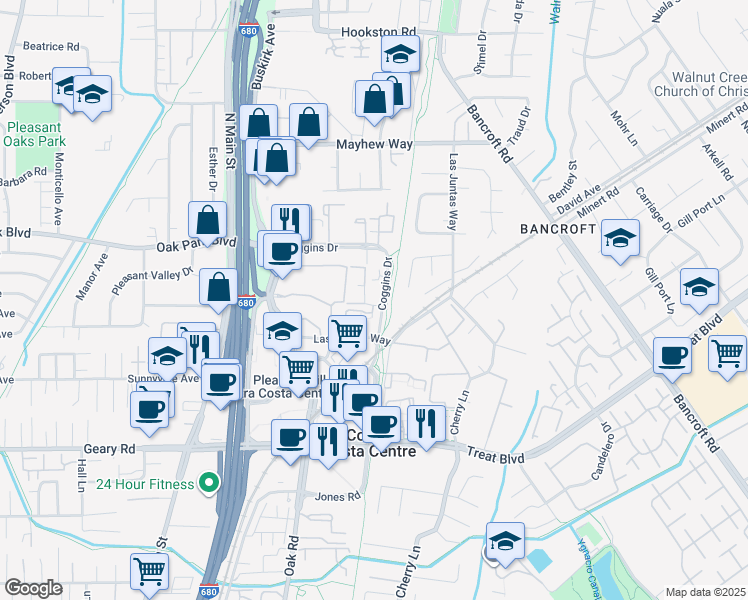 map of restaurants, bars, coffee shops, grocery stores, and more near 3193 Wayside Plaza in Walnut Creek