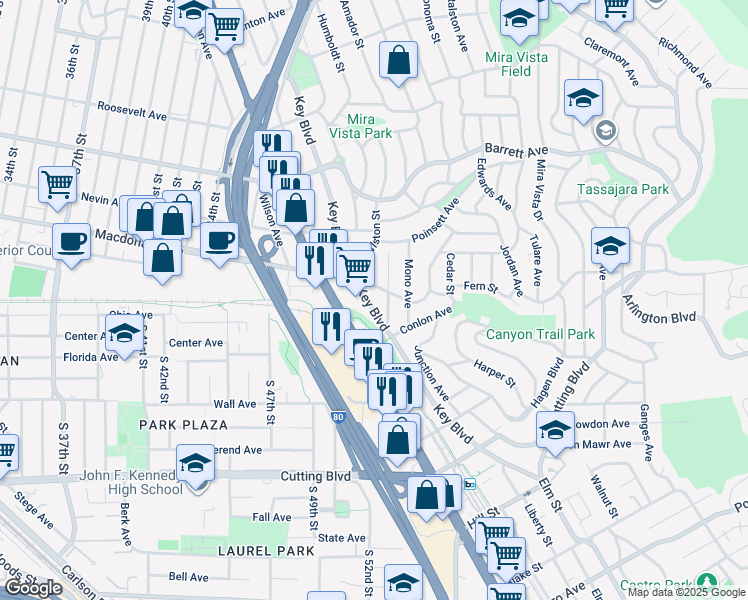 map of restaurants, bars, coffee shops, grocery stores, and more near 323 Humboldt Street in Richmond