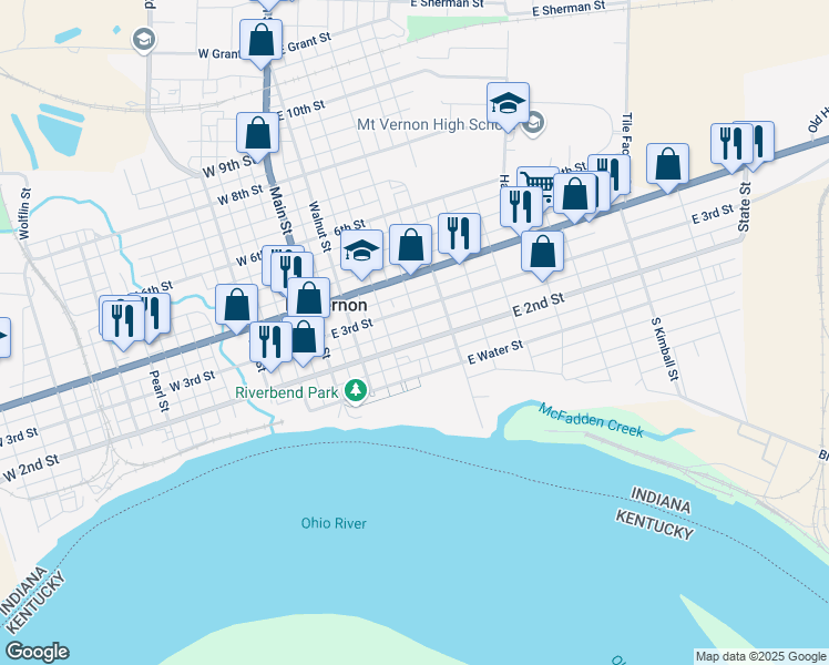 map of restaurants, bars, coffee shops, grocery stores, and more near 418 East 3rd Street in Mount Vernon