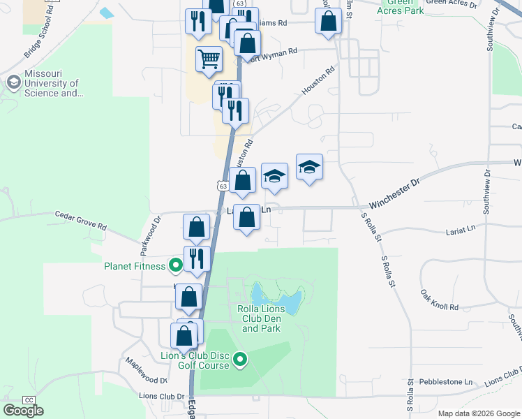 map of restaurants, bars, coffee shops, grocery stores, and more near 610 Lanning Lane in Rolla