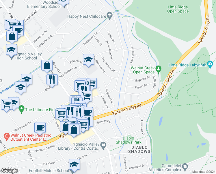 map of restaurants, bars, coffee shops, grocery stores, and more near 326 Dogwood Drive in Walnut Creek