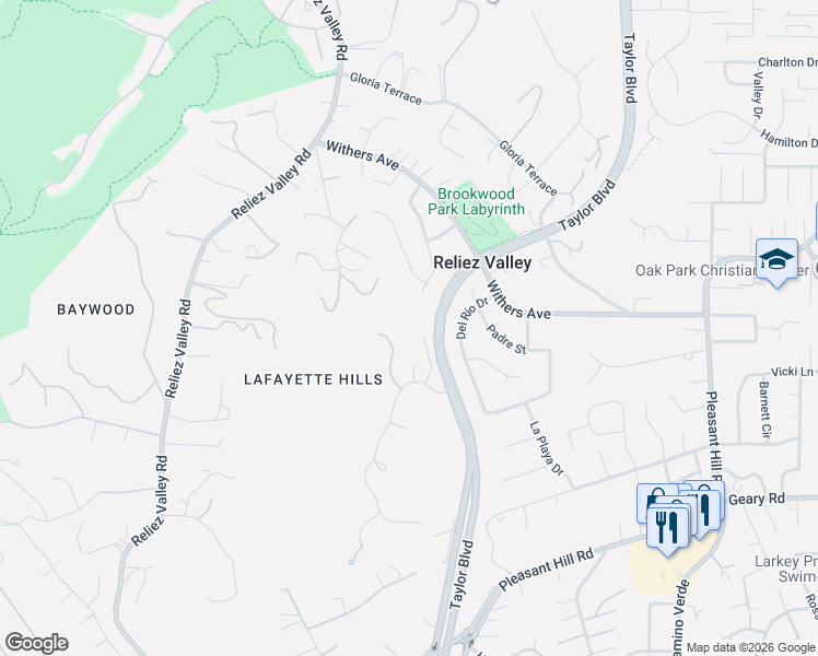map of restaurants, bars, coffee shops, grocery stores, and more near 1715 Greenhills Court in Lafayette
