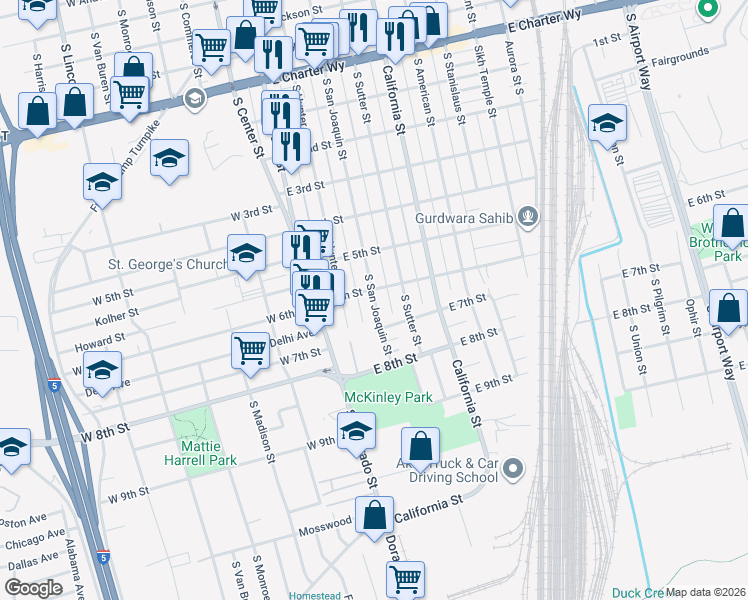 map of restaurants, bars, coffee shops, grocery stores, and more near 1950 South San Joaquin Street in Stockton