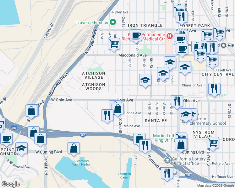 map of restaurants, bars, coffee shops, grocery stores, and more near 30-34 1st Street in Richmond