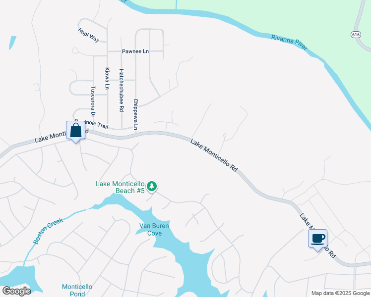 map of restaurants, bars, coffee shops, grocery stores, and more near 1814 Lake Monticello Road in Palmyra