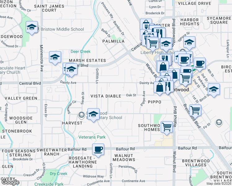 map of restaurants, bars, coffee shops, grocery stores, and more near 959 Oak Street in Brentwood