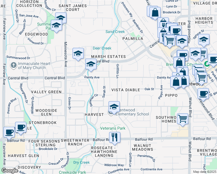 map of restaurants, bars, coffee shops, grocery stores, and more near 766 Sarah Street in Brentwood