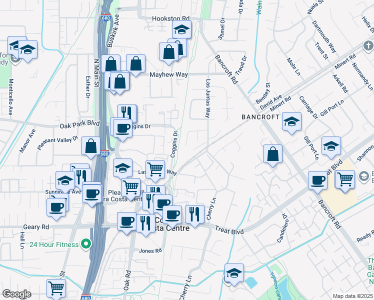 map of restaurants, bars, coffee shops, grocery stores, and more near 185 Calle Nogales in Walnut Creek