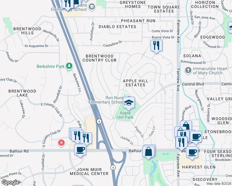 map of restaurants, bars, coffee shops, grocery stores, and more near 441 Apple Hill Drive in Brentwood
