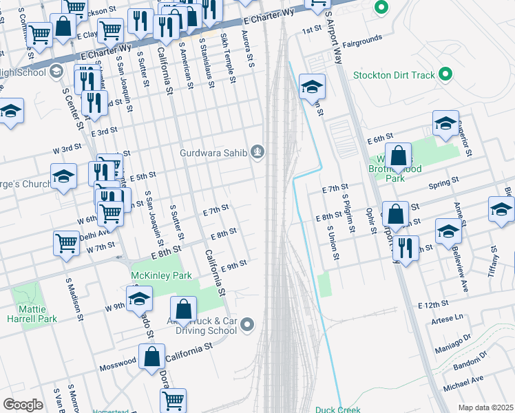 map of restaurants, bars, coffee shops, grocery stores, and more near 2027 South Grant Street in Stockton