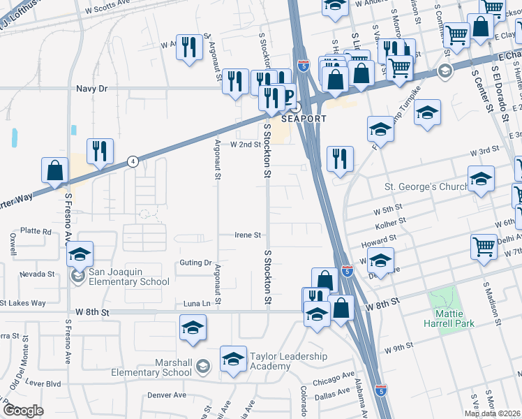 map of restaurants, bars, coffee shops, grocery stores, and more near 1775 South Stockton Street in Stockton
