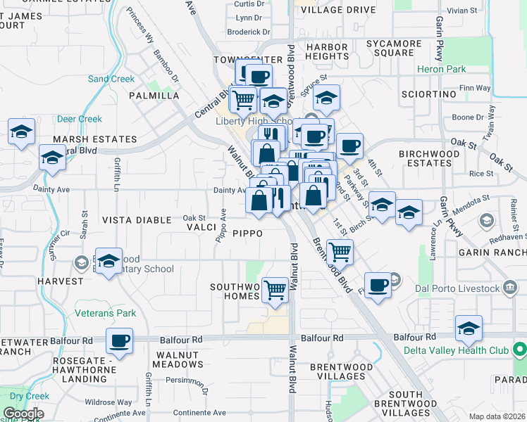 map of restaurants, bars, coffee shops, grocery stores, and more near 3933 Walnut Boulevard in Brentwood
