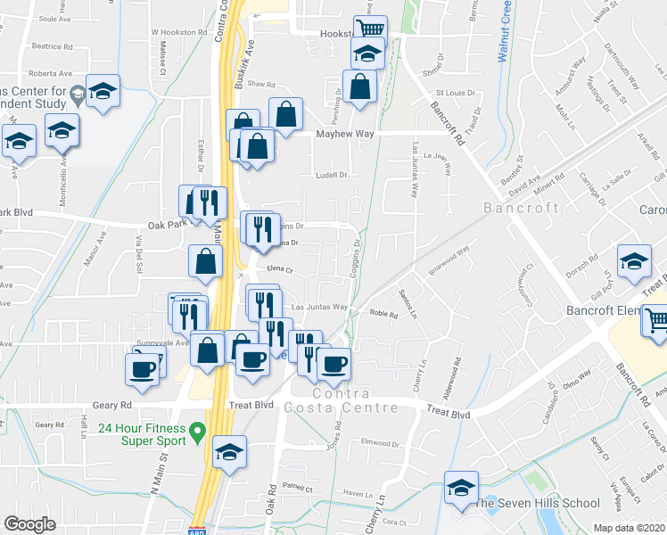 map of restaurants, bars, coffee shops, grocery stores, and more near 3193 Wayside Plaza in Walnut Creek