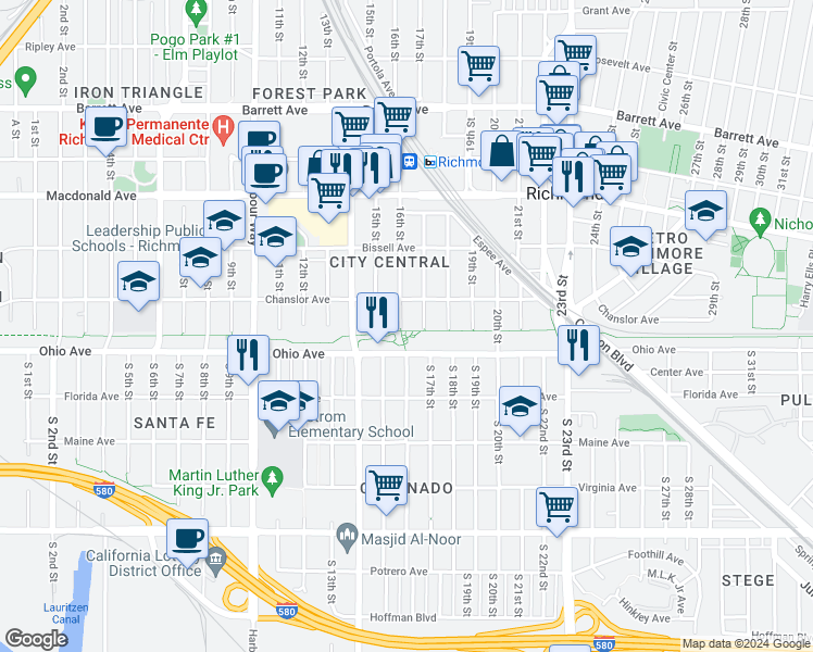 map of restaurants, bars, coffee shops, grocery stores, and more near 8 16th Street in Richmond