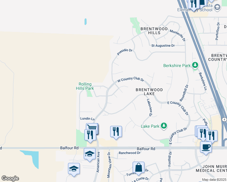 map of restaurants, bars, coffee shops, grocery stores, and more near 2827 Canwick Lane in Brentwood